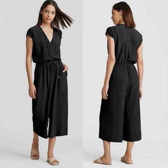 NWT Eileen Fisher Black Wide Leg Jumpsuit Tencel‎ Viscose Crepe Petite Large